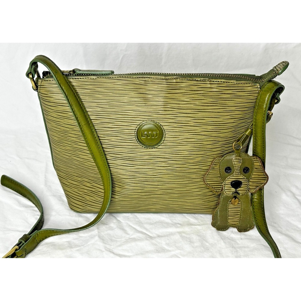 LONG Purse Shoulder Crossbody Dog Fob Long Grain green Leather Columbia